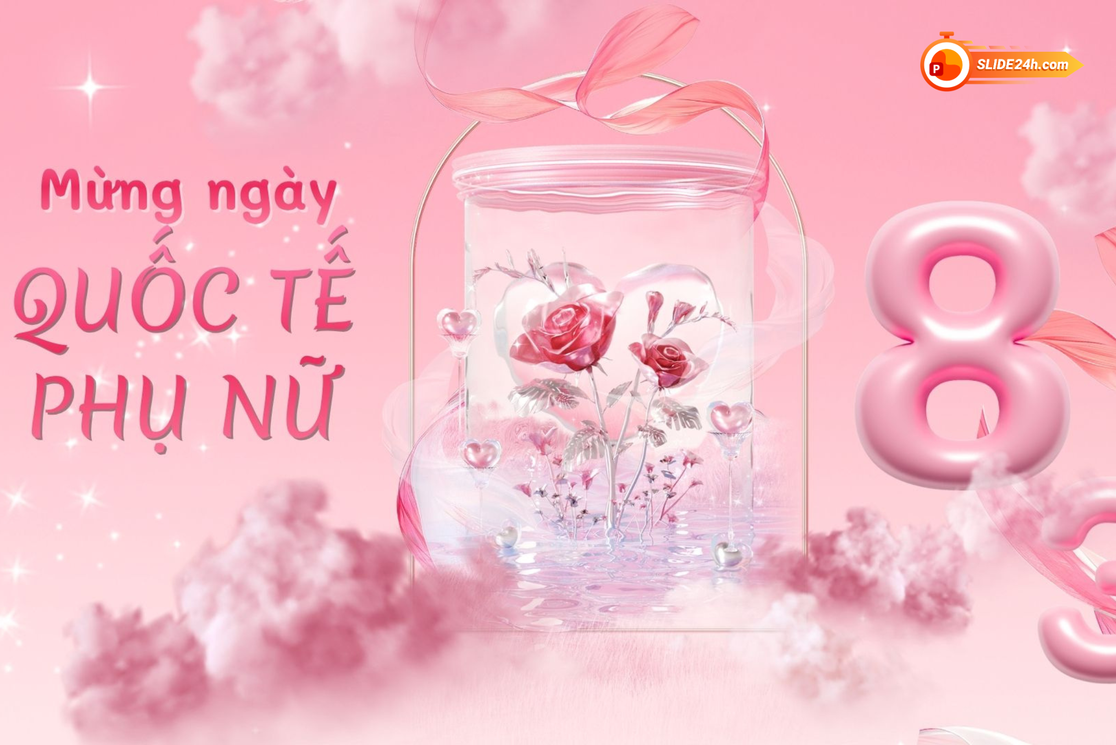 Video intro Mừng Ngày Quốc tế Phụ nữ với lọ hoa hồng, số 8/3 và nền hồng trang trọng.