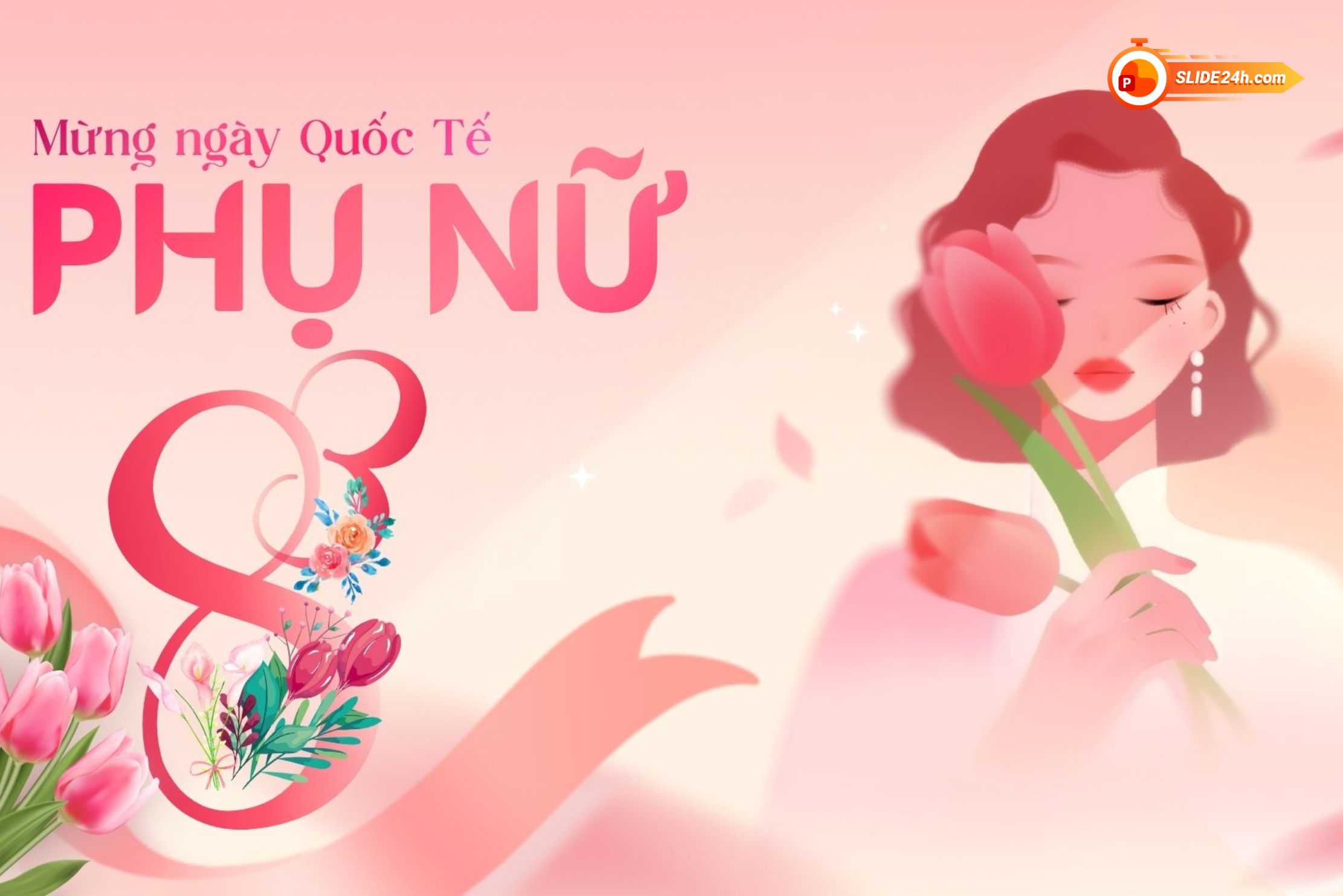 Video intro chúc mừng Ngày Quốc tế Phụ nữ 8/3 với cô gái cầm hoa tulip và nền hồng nữ tính.