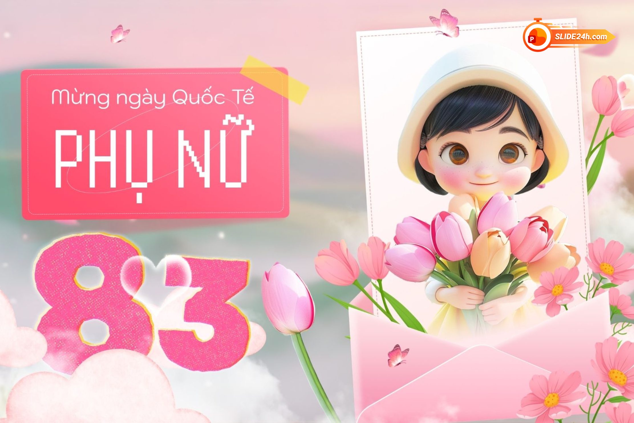 Video intro Ngày Quốc tế Phụ nữ 8/3 với em bé cầm hoa, thiệp hồng và dòng chữ chúc mừng.