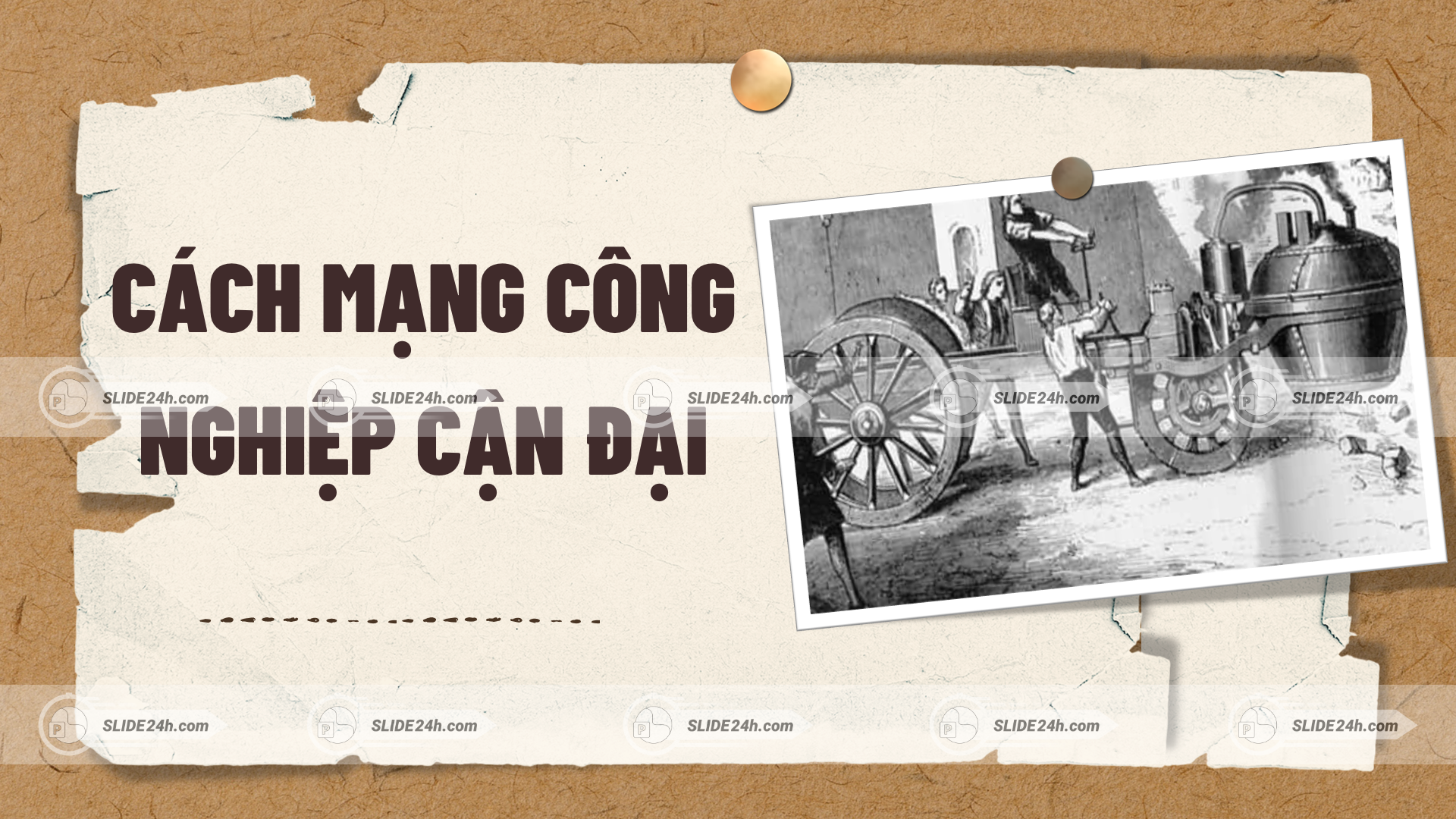 cách mạng công nghiệp cận đại với hình ảnh máy hơi nước và phương tiện cơ khí trong giai đoạn đầu của công nghiệp hóa