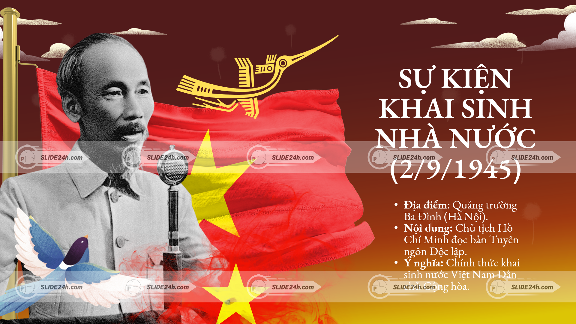 Chủ tịch Hồ Chí Minh đọc Tuyên ngôn Độc lập tại Quảng trường Ba Đình, phía sau là quốc kỳ Việt Nam.