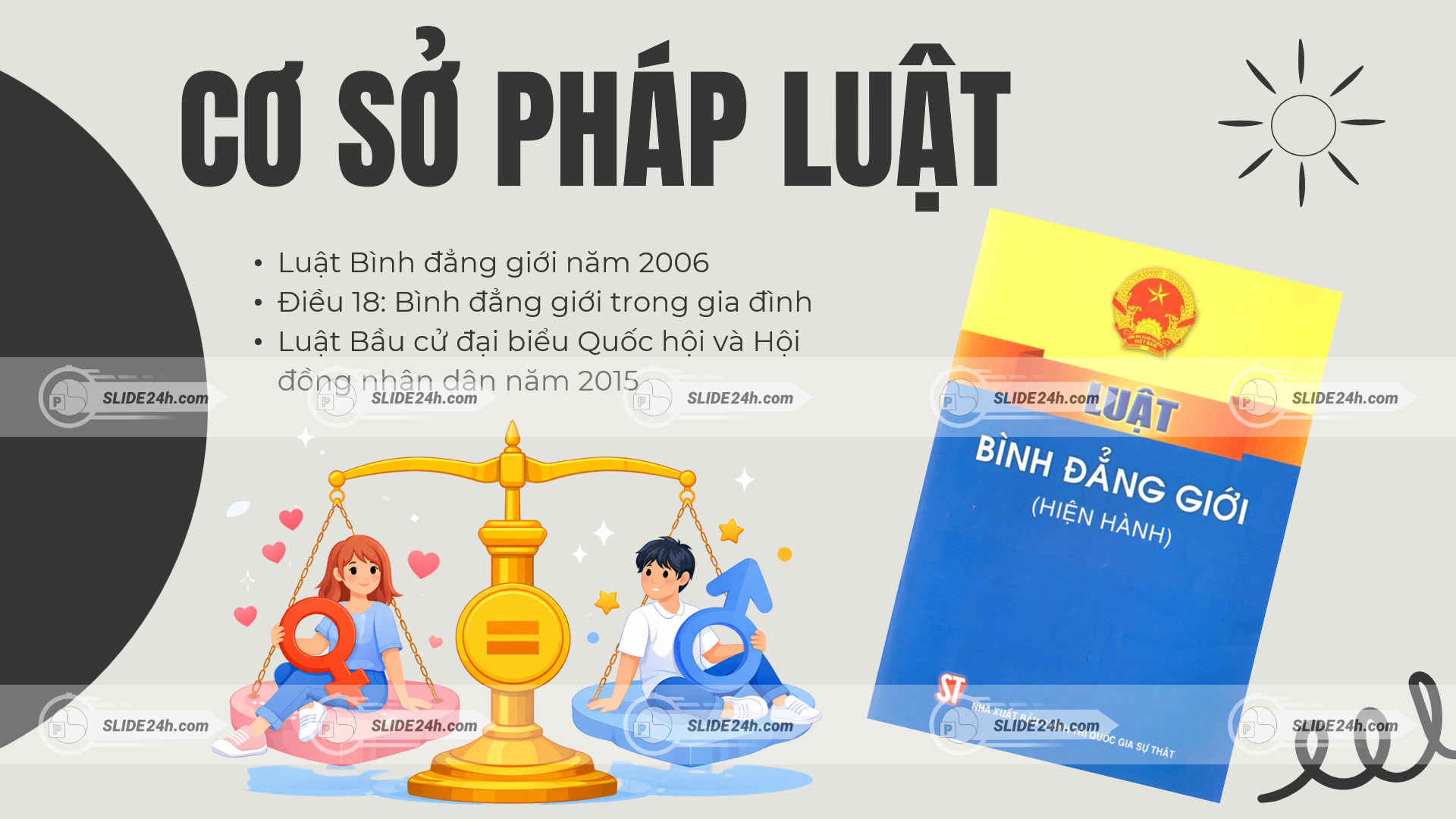 cơ sở pháp luật về bình đẳng giới với cân công lý và hình minh họa nam nữ thể hiện sự công bằng