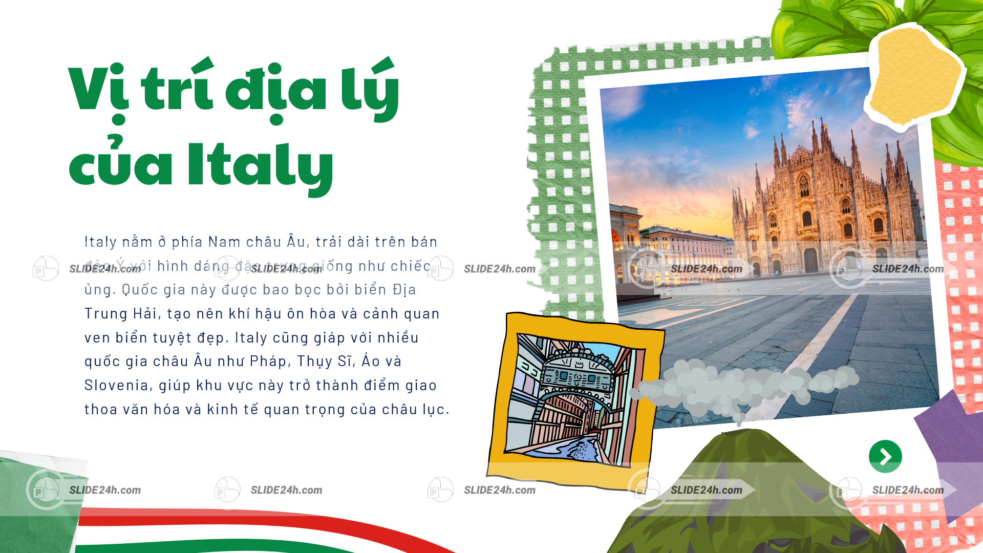 Địa lí Italy với vị trí bán đảo kéo dài ra Địa Trung Hải và vai trò kết nối khu vực châu Âu.