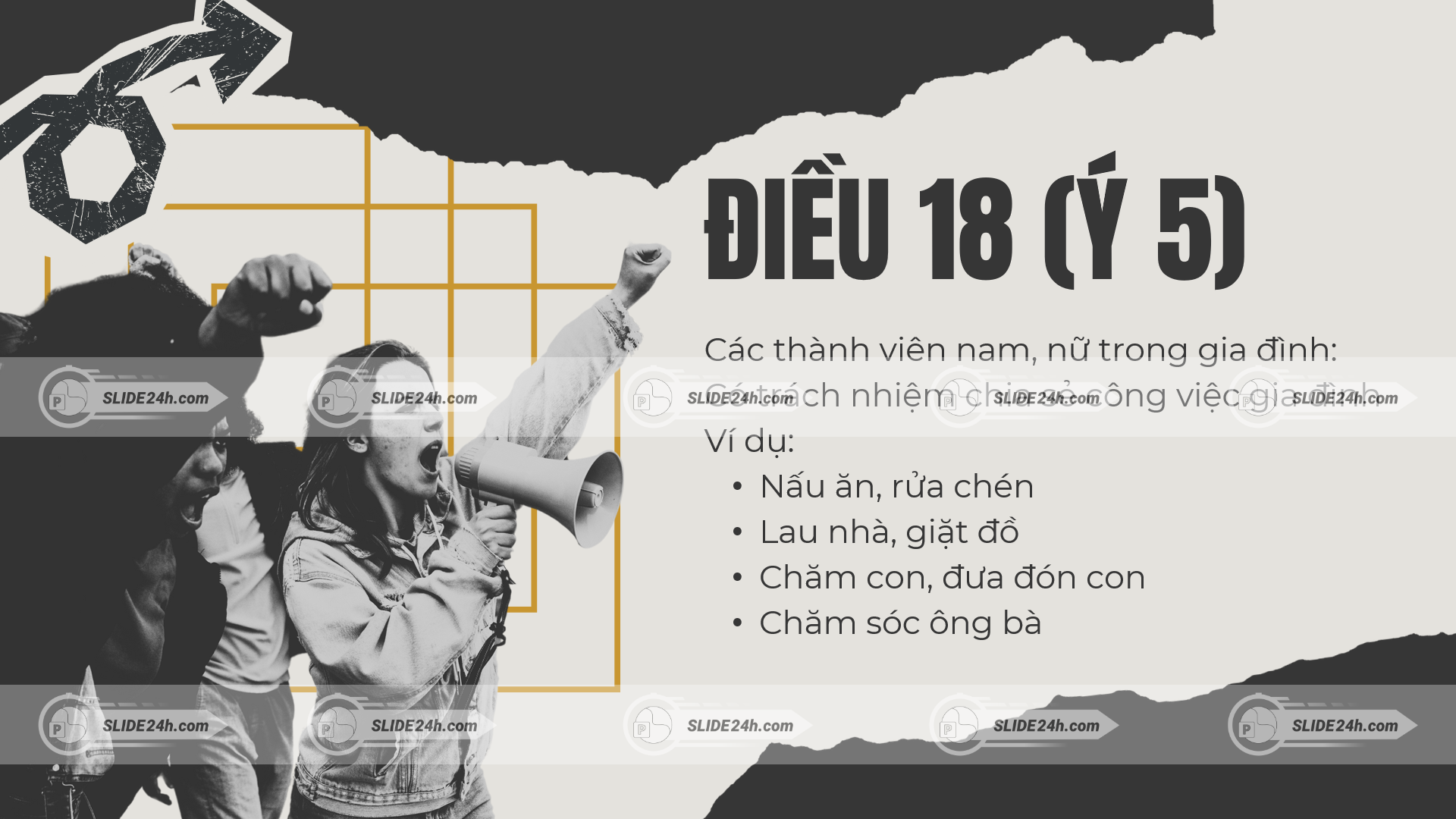 điều 18 ý 5 về chia sẻ công việc gia đình giữa nam và nữ như nấu ăn dọn dẹp chăm con