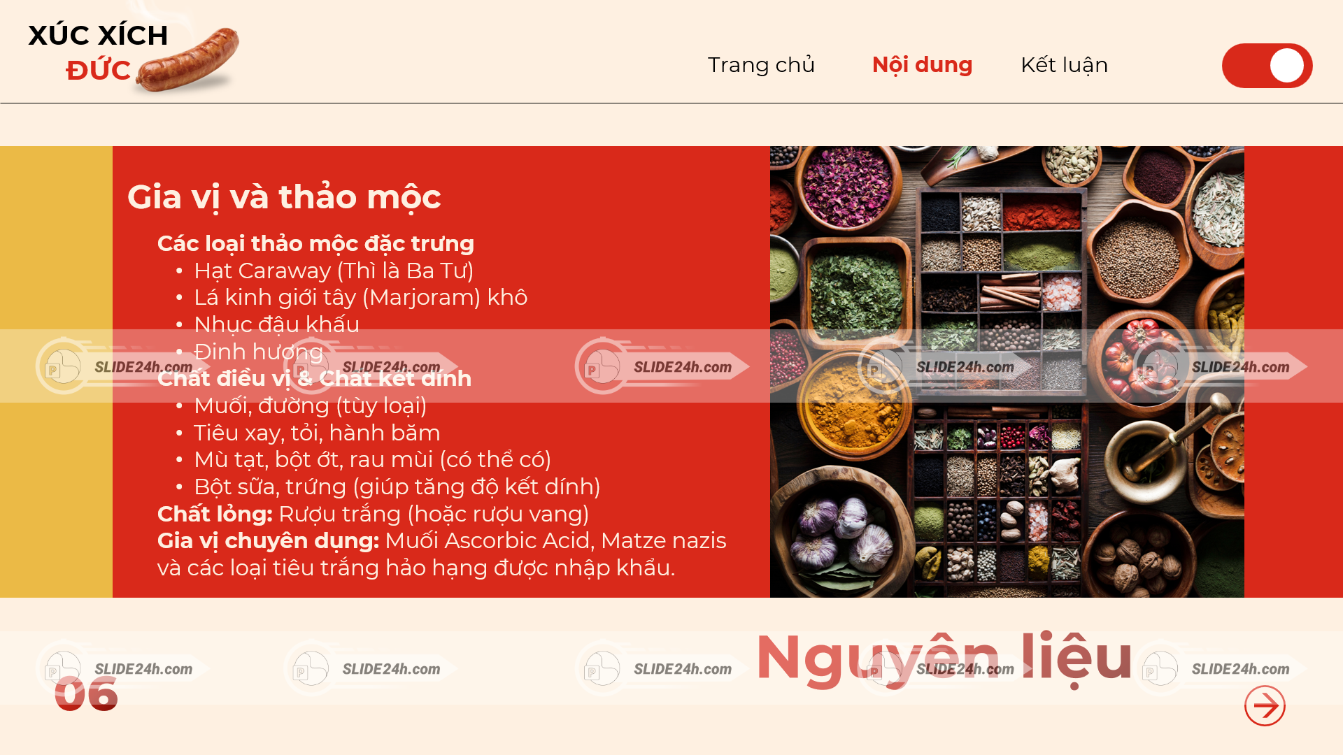 Gia vị và thảo mộc xúc xích Đức