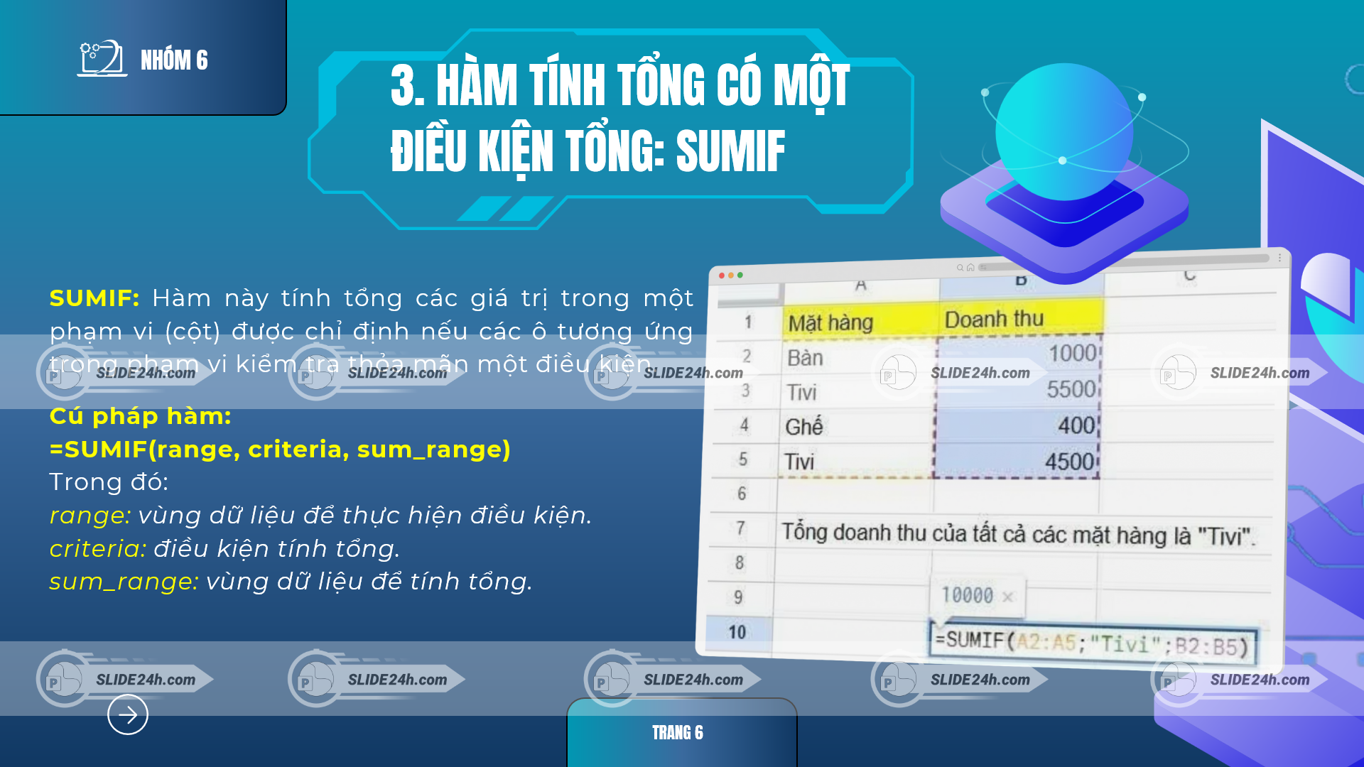 hàm sumif trong excel tính tổng theo một điều kiện với bảng doanh thu ví dụ