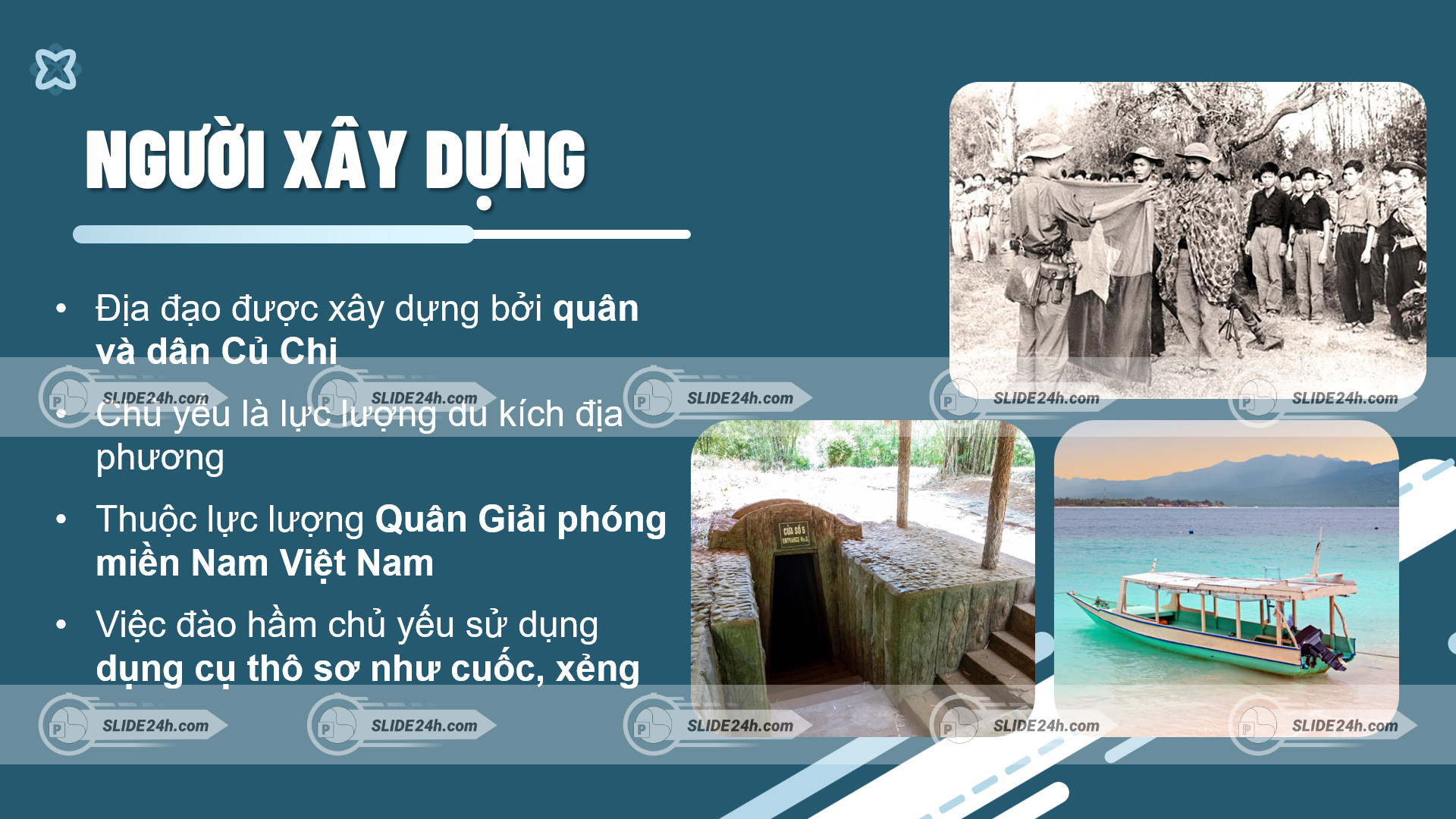hình ảnh người xây dựng địa đạo củ chi gồm quân và dân địa phương dùng công cụ thô sơ đào hầm thể hiện tinh thần kiên cường
