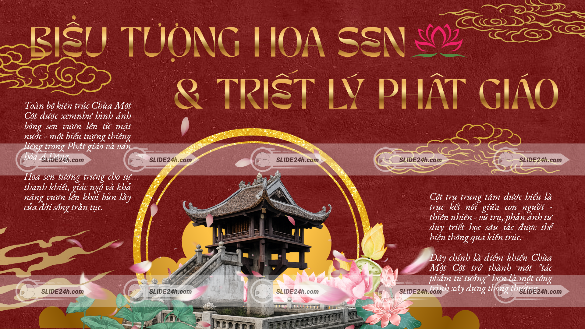 Hình tượng hoa sen nâng đỡ ngôi chùa, gợi vẻ thanh cao trong Phật giáo.