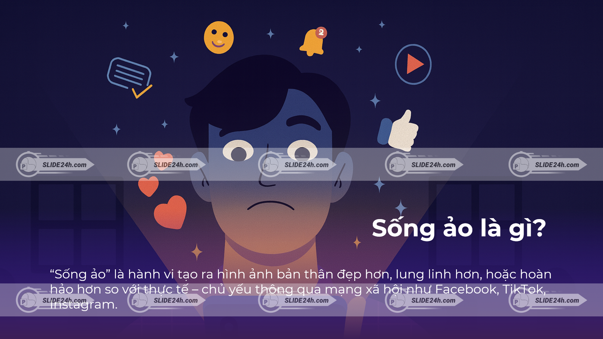 Khái niệm sống ảo với biểu tượng mạng xã hội và nhân vật trung tâm.