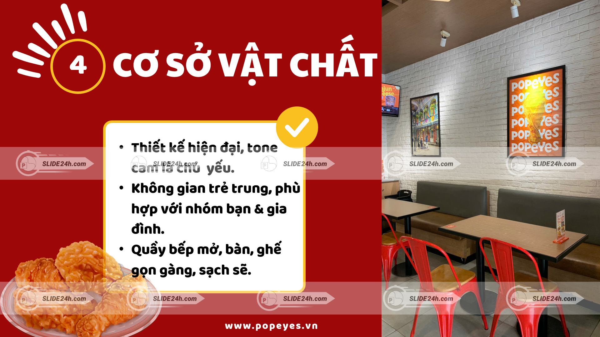 không gian bên trong popeyes với bàn ghế sạch sẽ và hiện đại