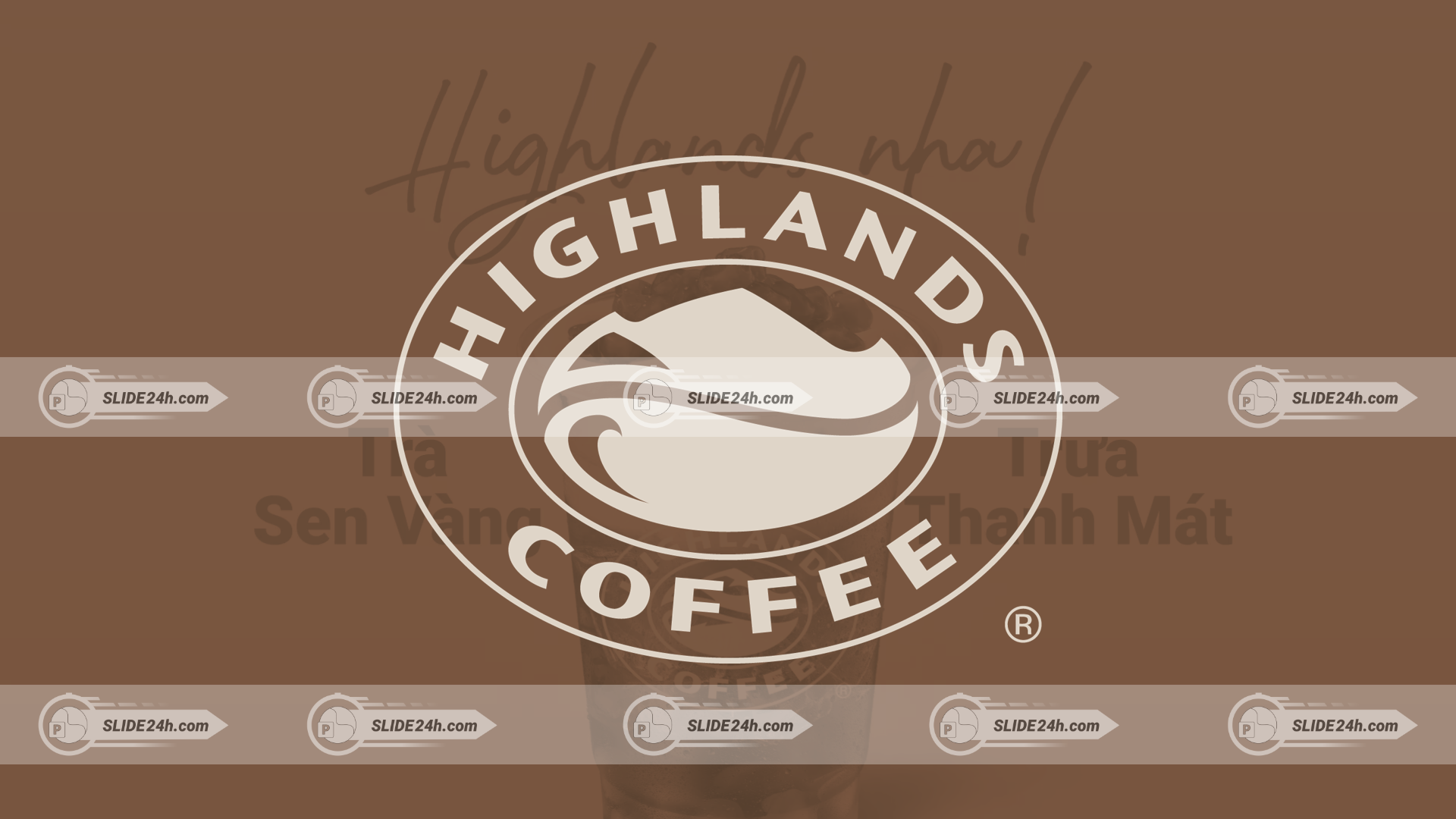 logo highlands coffee trên nền nâu với ly cà phê phía sau tạo cảm giác thương hiệu quen thuộc