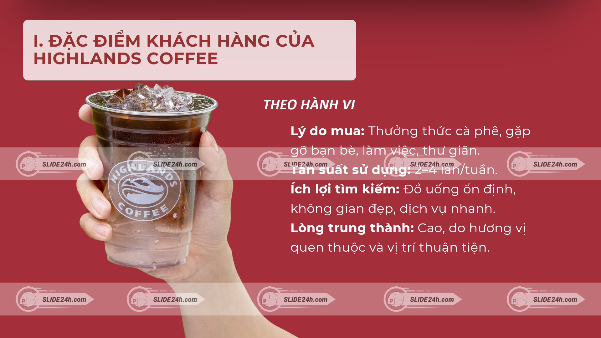 ly cà phê đá highlands coffee và nội dung hành vi khách hàng trên nền đỏ