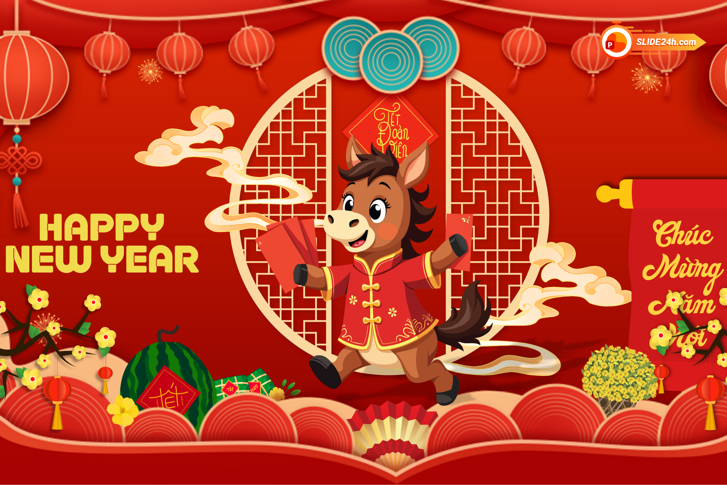 Mẫu video intro mừng Xuân Bính Ngọ với chú ngựa hoạt hình.