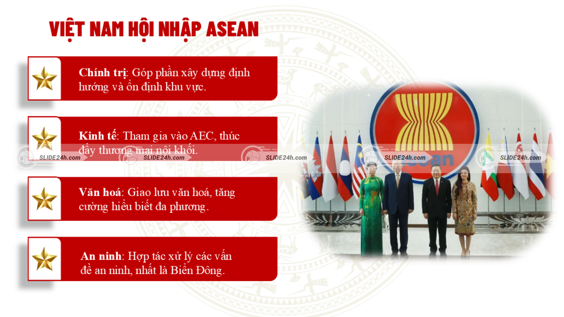 Quá trình Việt Nam gia nhập ASEAN và những lợi ích về chính trị, kinh tế, văn hóa, an ninh đối với Việt Nam.