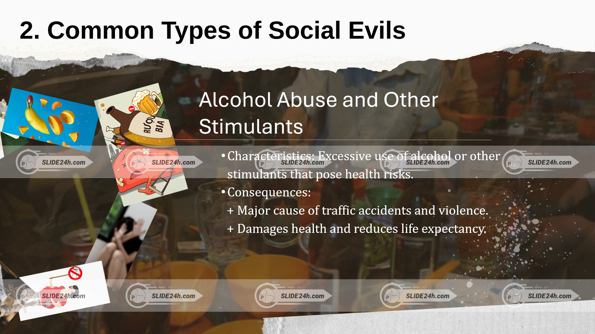 slide alcohol abuse với hình quán nhậu và nội dung về tác hại của việc lạm dụng rượu bia