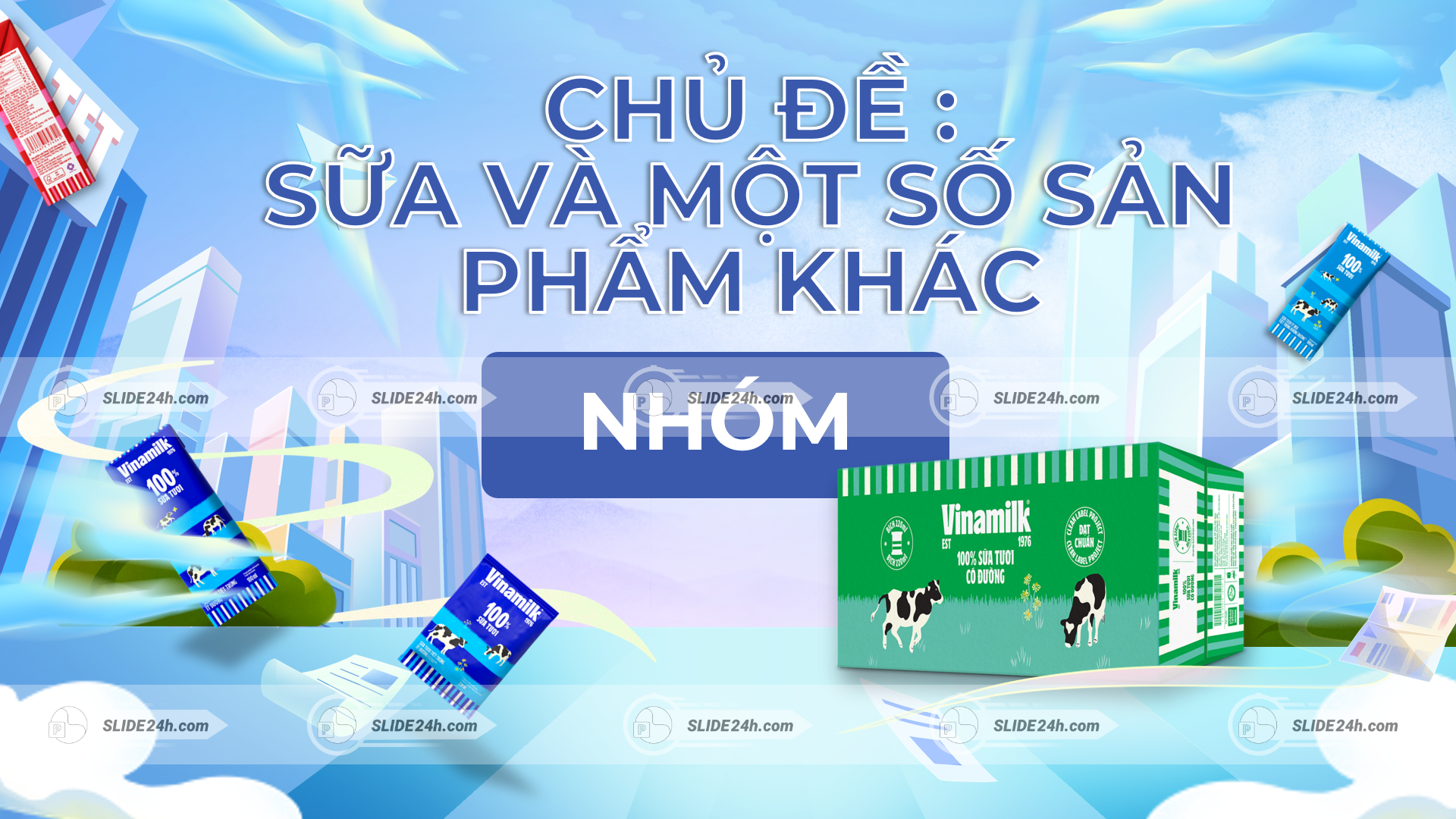 slide chủ đề sữa và sản phẩm từ sữa vinamilk với thiết kế hiện đại nền thành phố màu xanh