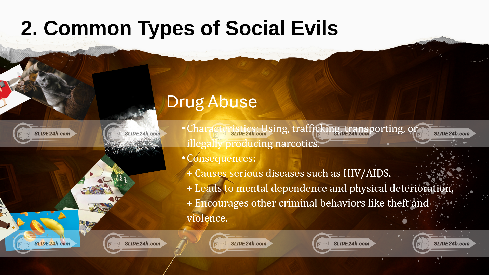 slide drug abuse với hình ảnh chất cấm và nội dung về hậu quả nghiêm trọng của việc lạm dụng ma túy