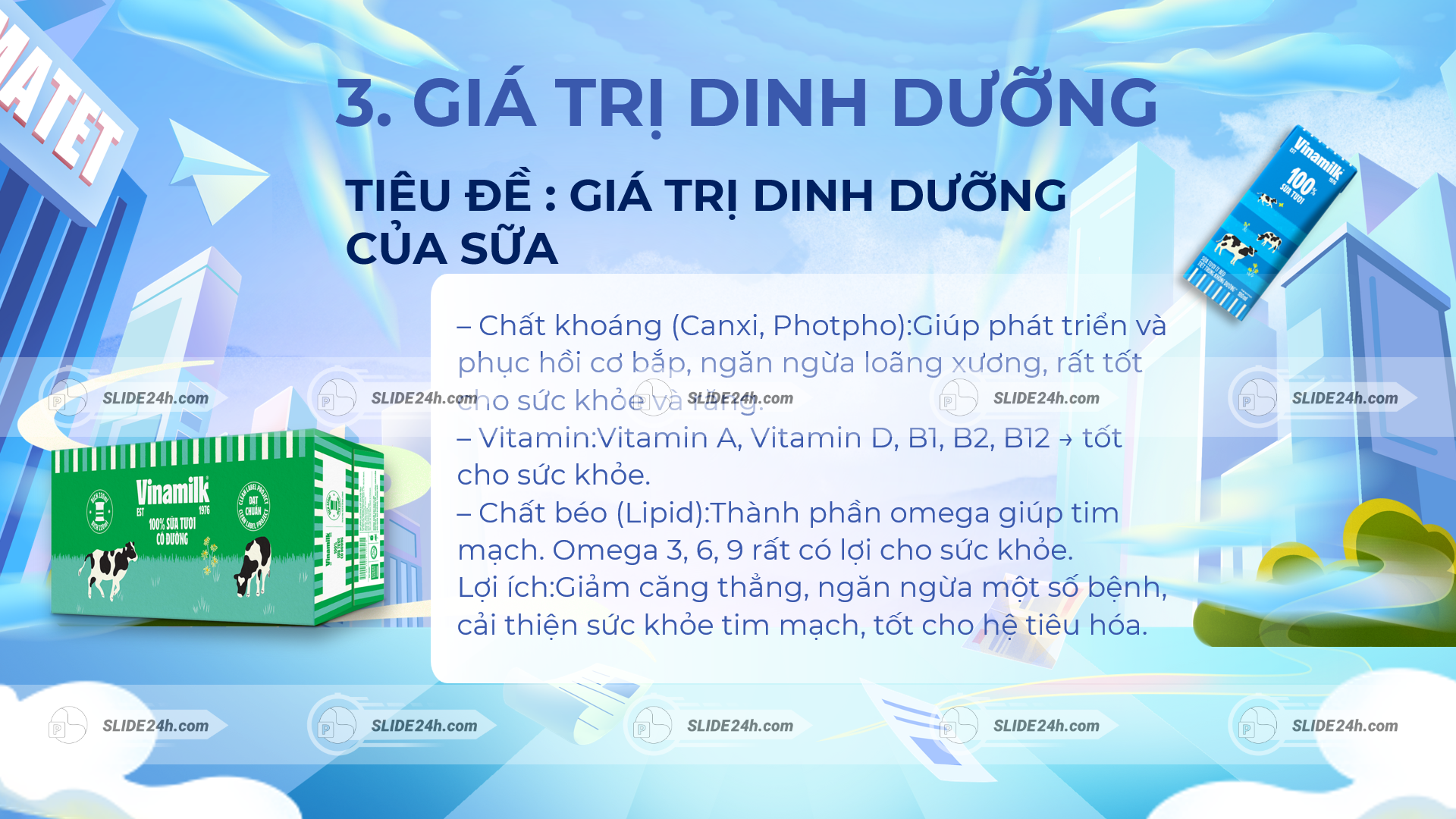 slide giá trị dinh dưỡng của sữa với vitamin khoáng chất và sản phẩm vinamilk