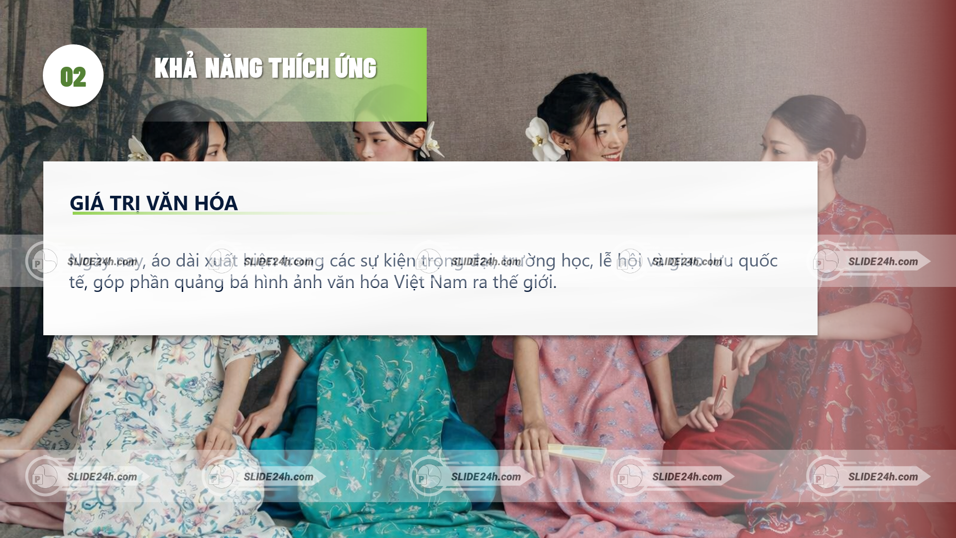 slide giá trị văn hóa áo dài việt nam với nhiều người mẫu mặc áo dài nhiều màu sắc