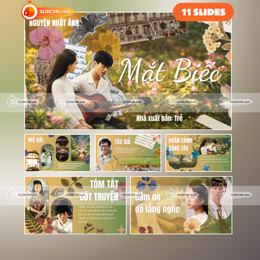 Slide PowerPoint Mắt Biếc Nguyễn Nhật Ánh với bố cục phân tích tác giả, cốt truyện và giá trị tác phẩm.