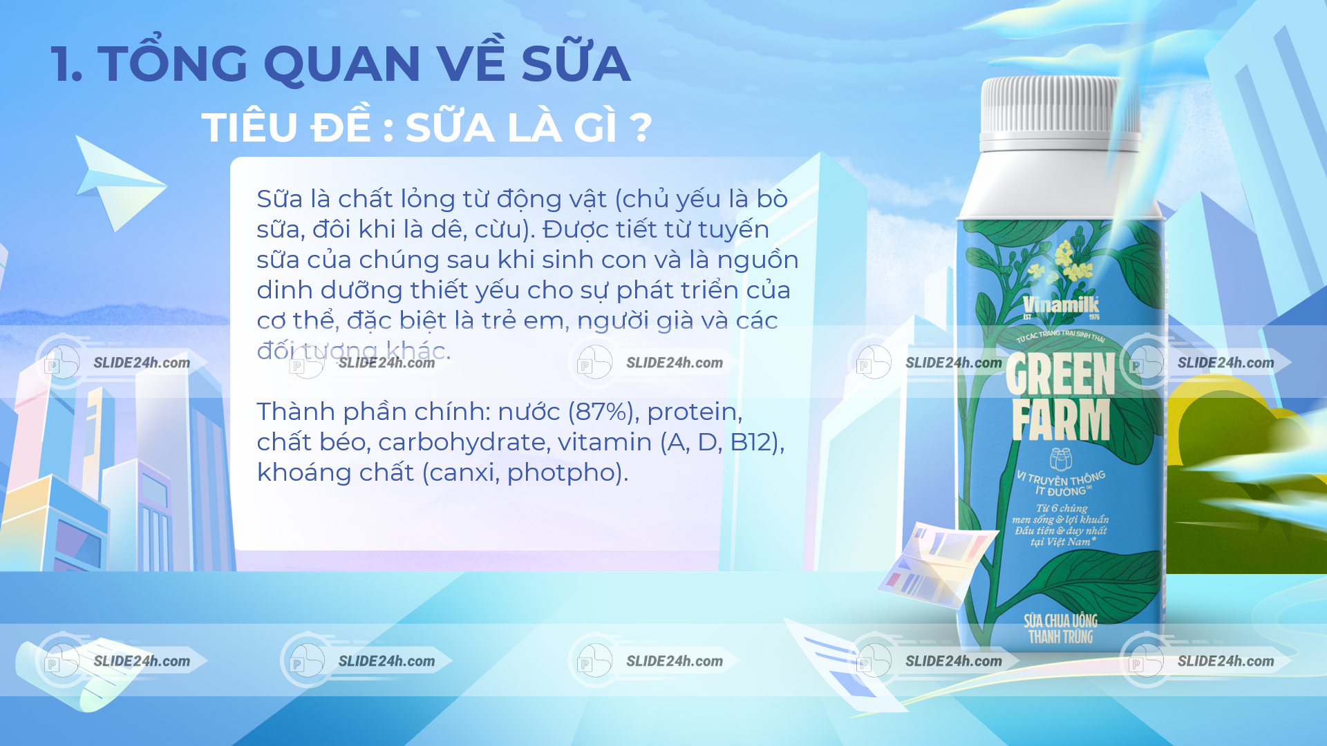 slide tổng quan về sữa và thành phần dinh dưỡng cùng sản phẩm vinamilk green farm