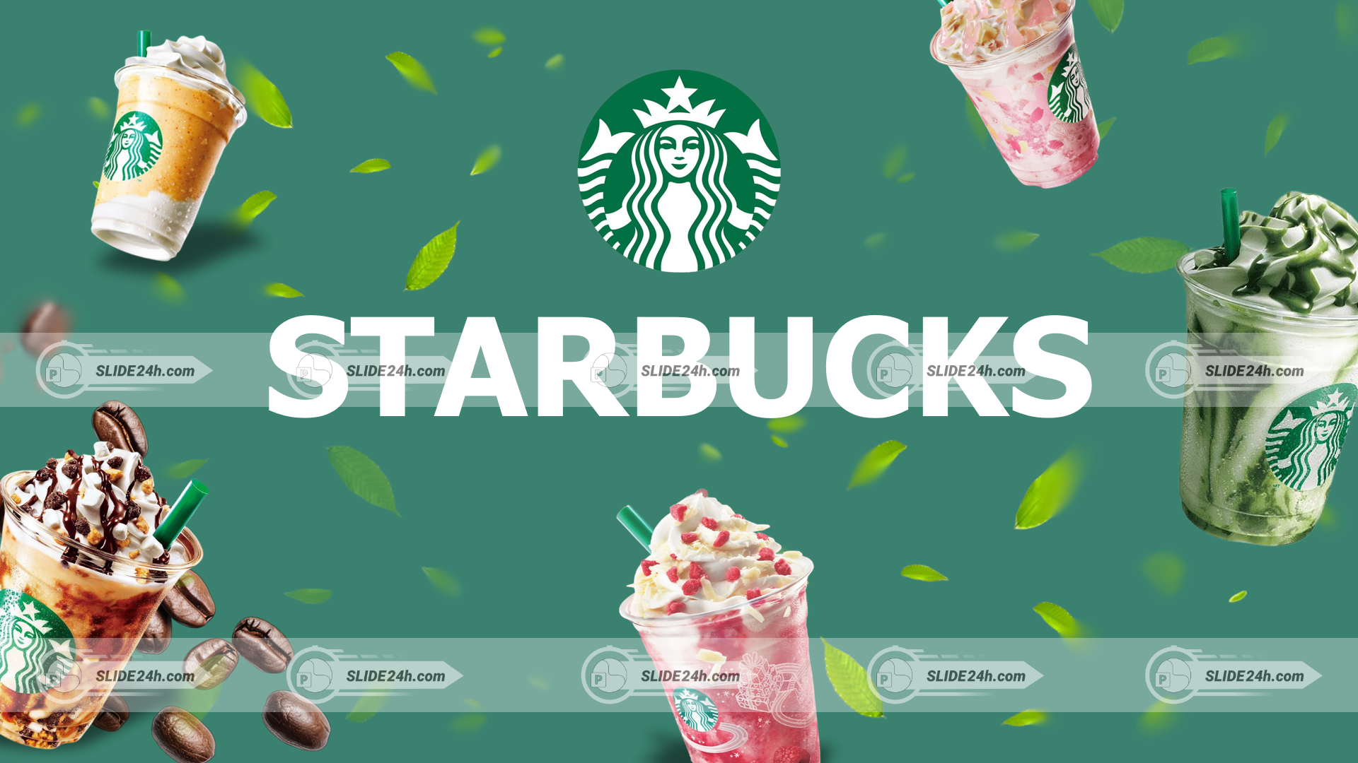 starbucks giới thiệu các loại đồ uống đa dạng với nền xanh thương hiệu và hiệu ứng lá tươi