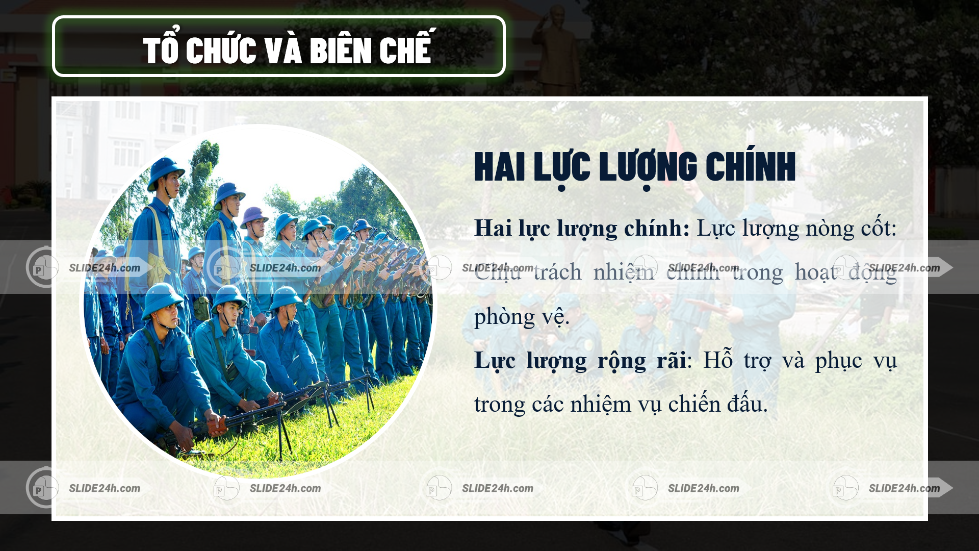 tổ chức và biên chế lực lượng dân quân tự vệ với hai lực lượng chính
