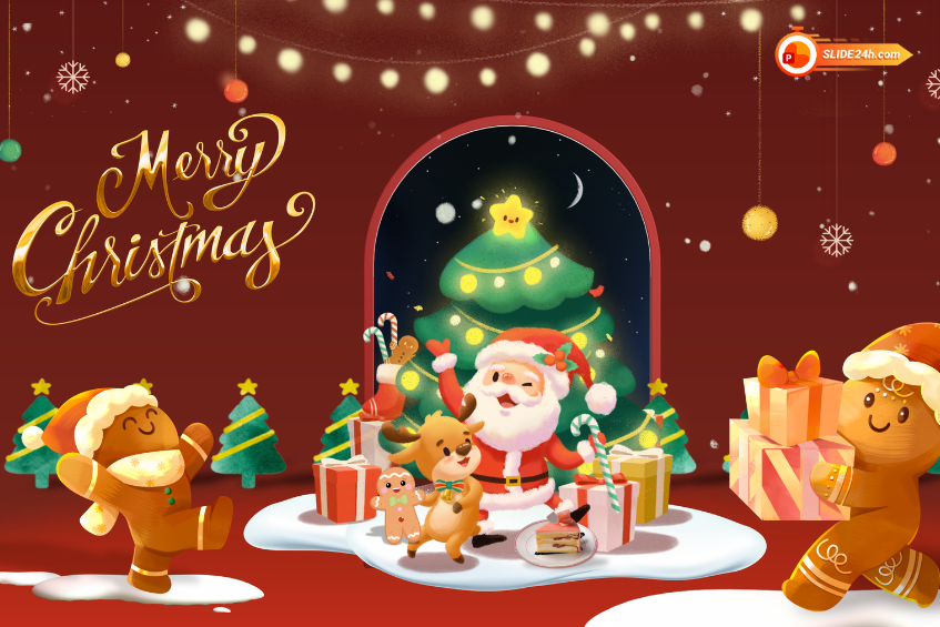 Video Giáng Sinh với ông già Noel, cây thông, quà tặng và nền lễ hội ấm áp.