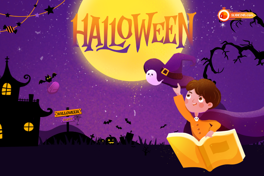Video Halloween với nền tím, trăng tròn, bóng ma và không gian lễ hội huyền bí.