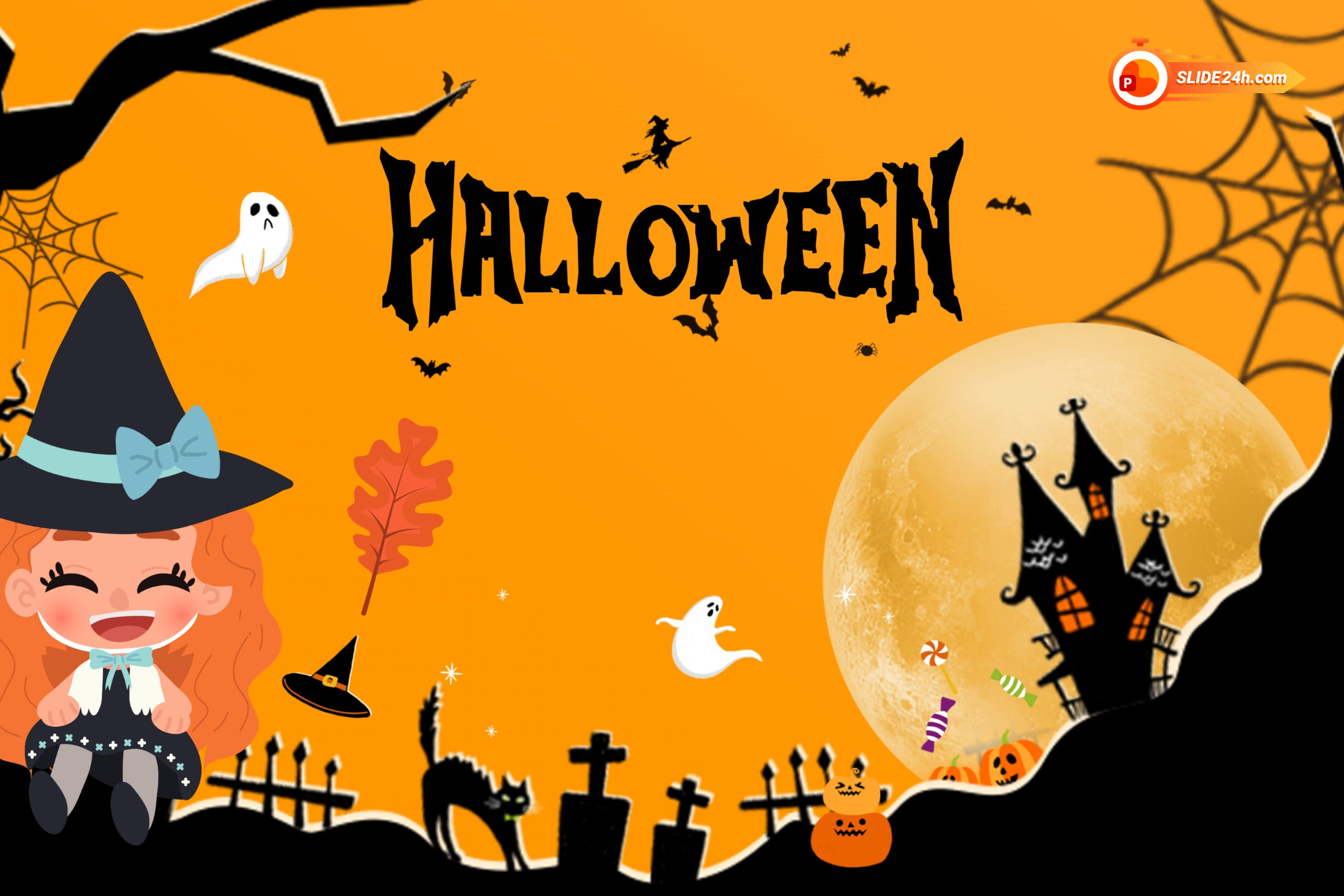 Video intro Halloween nền cam với phù thủy, bóng ma, nghĩa trang và biểu tượng lễ hội ma quái.