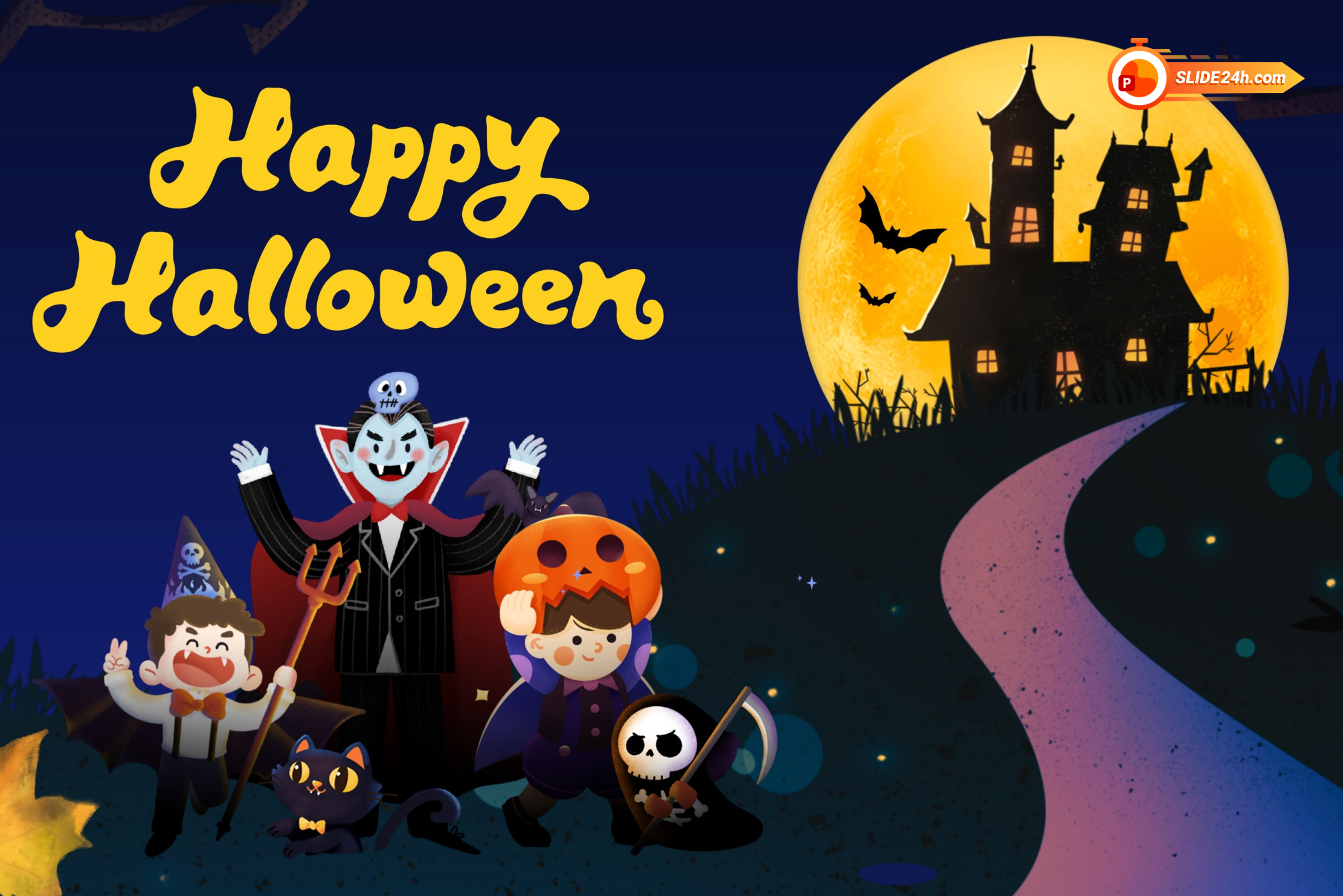 Video intro Halloween Party với lâu đài, ma cà rồng, bí ngô, mèo đen và nhóm nhân vật hóa trang.