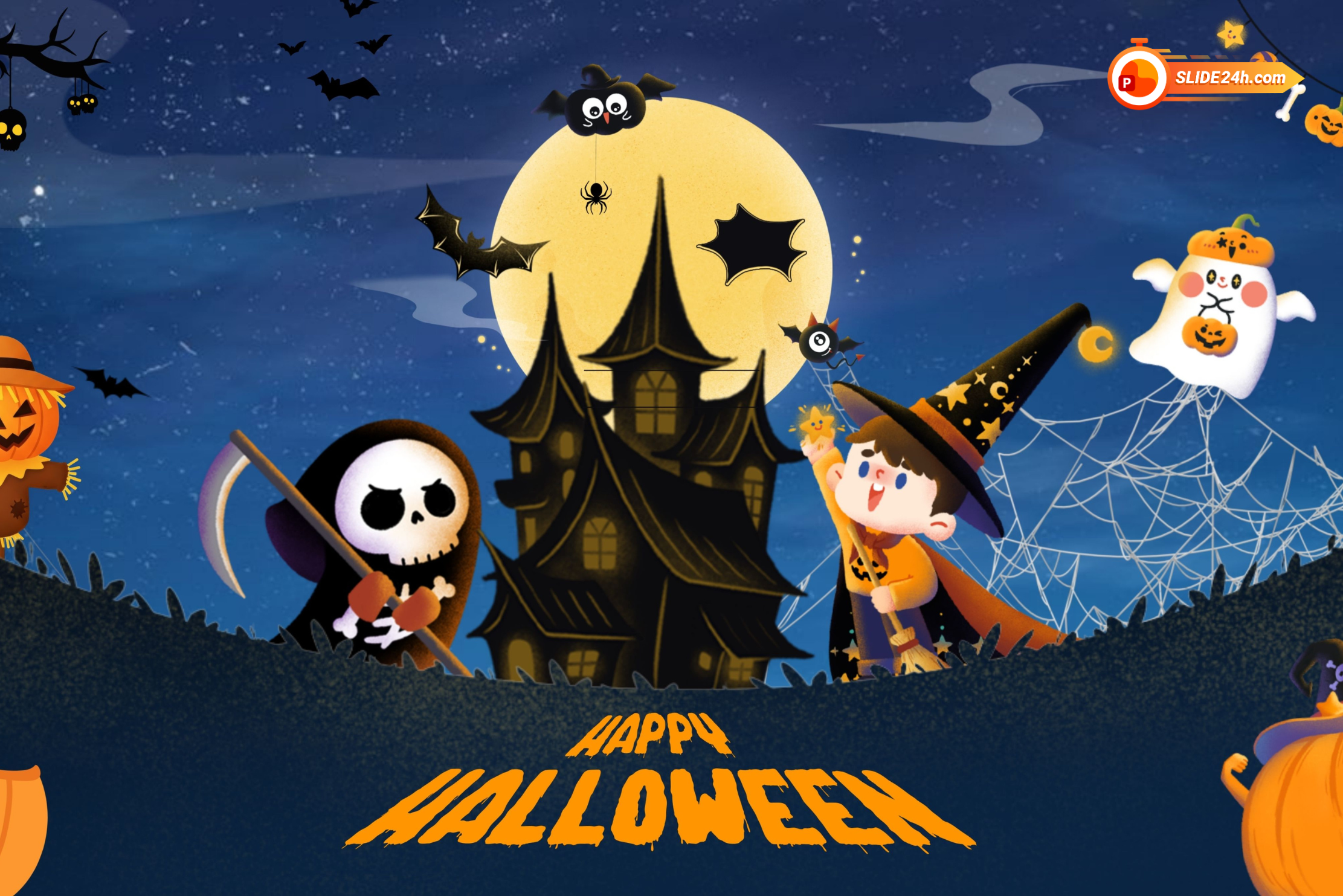 Video intro Happy Halloween với lâu đài cổ, bí ngô, phù thủy, bóng ma và không khí lễ hội.